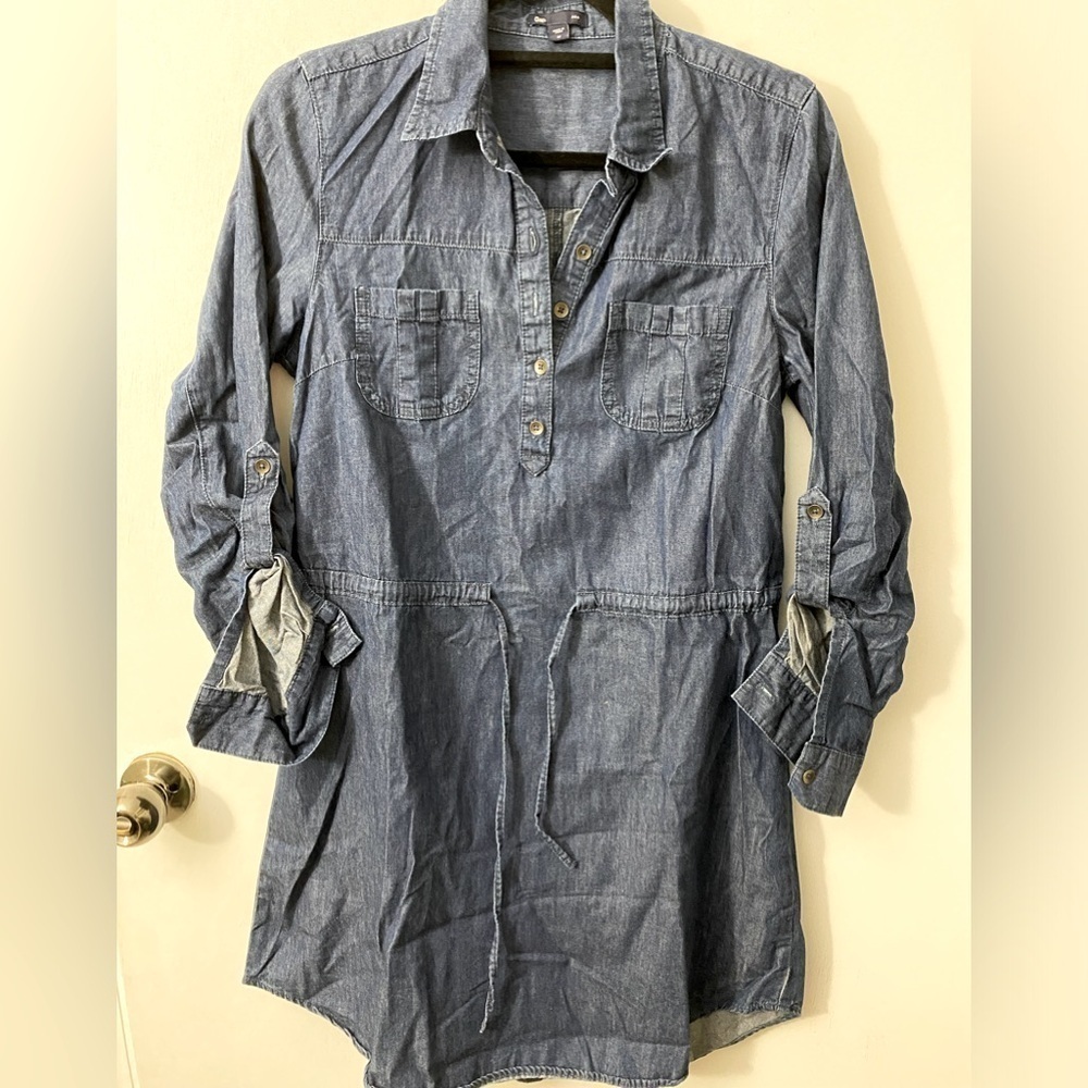 Gap Jean dress mini roll up sleeves drawstring waist Sz M. T-07